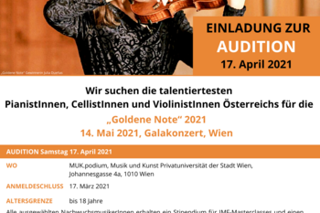 AUDITION 2021: SUCHE NACH DEN TALENTIERTESTEN NACHWUCHSMUSIKERINNEN UND NACHWUCHSMUSIKER ÖSTERREICHS