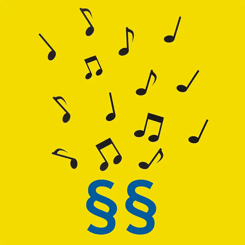 Zwei Paragraphenzeichen unten, von denen mehrere Musiknoten auf gelben Hintergrund ausgehen.