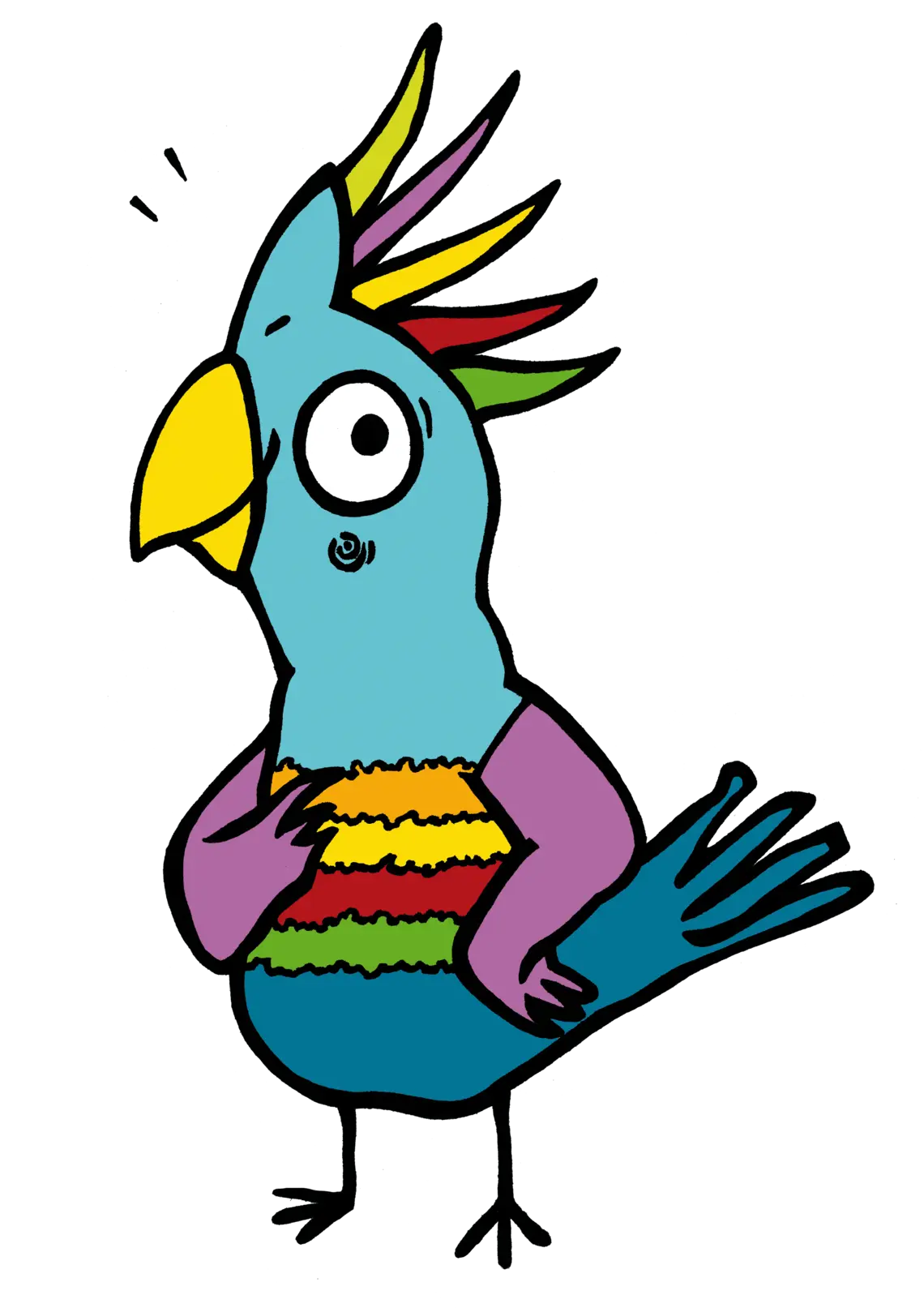 KUKUDU-Maskottchen: ein gezeichneter Papagei mit buntem Federkleid.  