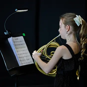 Ein Mädchen spielt ein Stück auf dem Horn. Vor ihr liegen die Noten auf einem Notenständer.