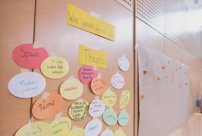 Ovale, bunte Zettel mit verschiedenen Begriffen darauf.