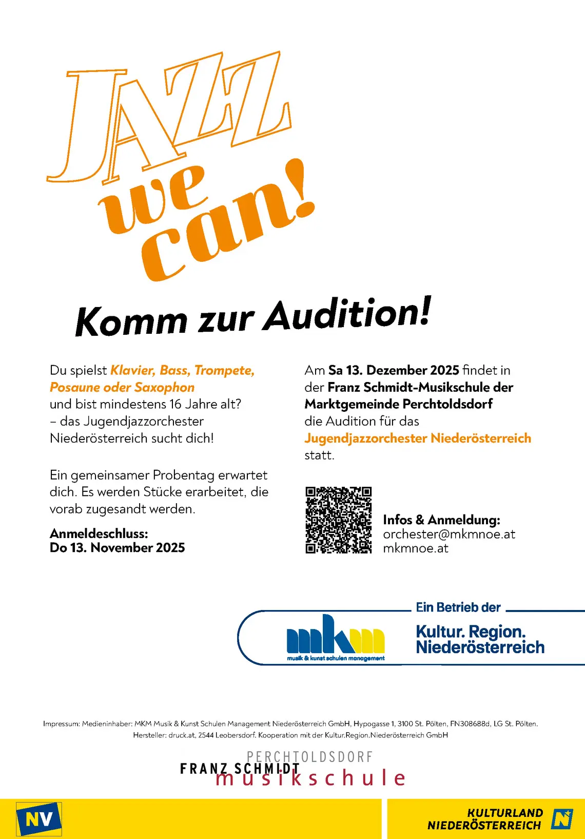 Plakat mit mehr Informationen zur Audition inklusive QR-Code.