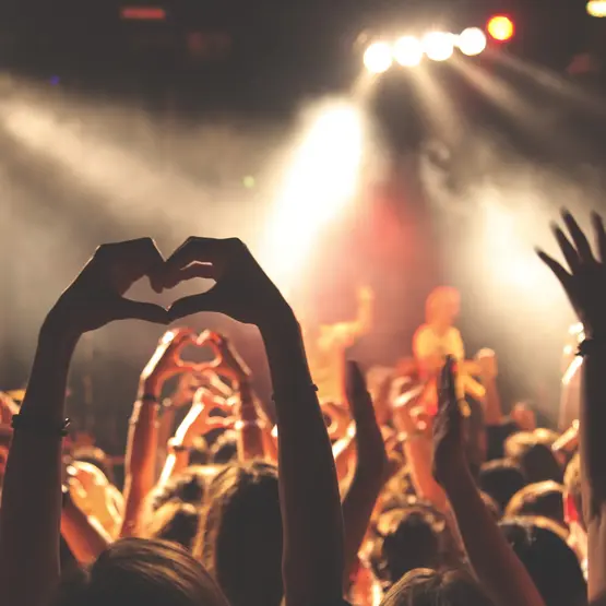 Eine Menschenmenge bei einem Konzert. Eine Person formt mit ihren Händen ein Herz in die Luft.