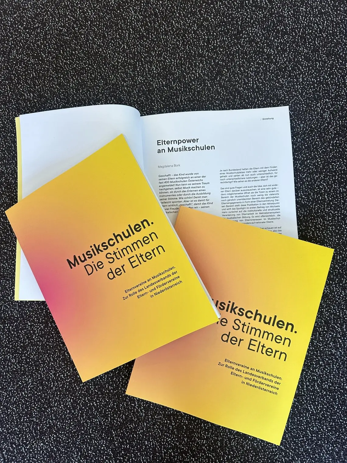 Ein aufgeschlagenes Buch, darauf liegen zwei orange-gelbliche Exemplare des gleichen Buches mit dem Titel „Musikschulen. Die Stimme der Eltern“. Alle Bücher sind identisch.