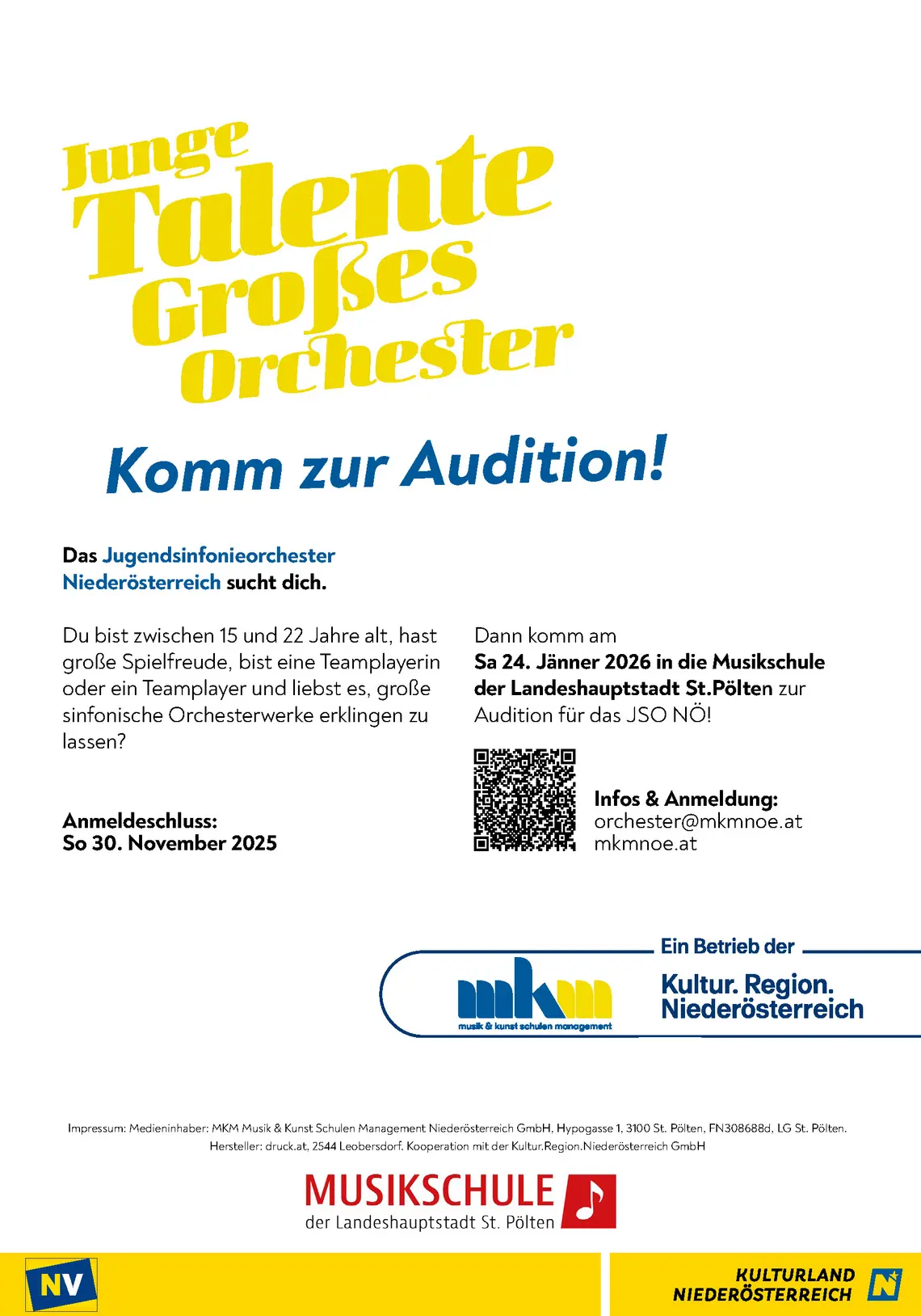 Plakat mit mehr Informationen zu der Audition inklusive QR-Code.