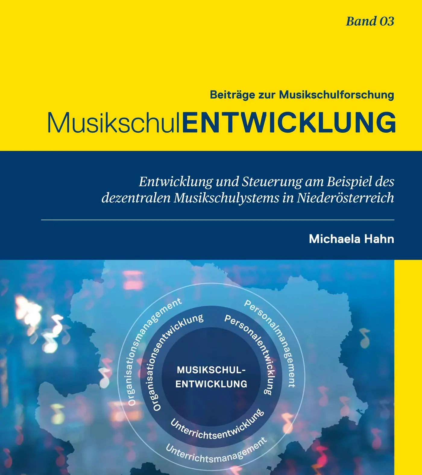 Buchcover mit gelbem oberen Bereich und dunkelblauem Mittelstreifen. Der Titel lautet: „Beiträge zur Musikschulforschung – MusikschulENTWICKLUNG“. Der Untertitel im blauen Bereich lautet: „Entwicklung und Steuerung am Beispiel des dezentralen Musikschulsystems in Niederösterreich“. Rechts steht der Name „Michaela Hahn“, oben rechts „Band 03“. Der untere Teil zeigt eine stilisierte Karte von Niederösterreich vor unscharfem blauem Hintergrund. Darauf liegt ein grafisches Kreismodell mit den Begriffen Organisationsmanagement, Organisationsentwicklung, Unterrichtsentwicklung, Unterrichtsmanagement, Personalentwicklung und Personalmanagement, um einen zentralen Kreis mit dem Begriff „Musikschulentwicklung“. Rechts befindet sich ein gelber Randstreifen.