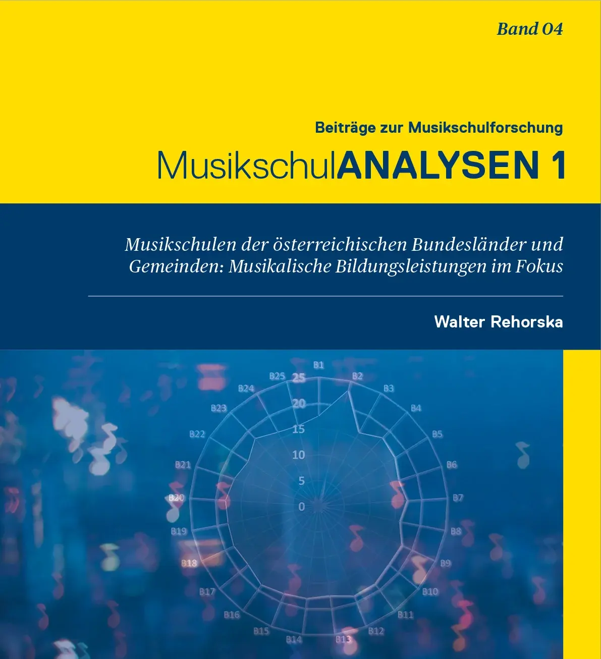 Buchcover mit gelbem oberen Bereich und blauem Mittelteil. Der Titel lautet: „Beiträge zur Musikschulforschung – MusikschulANALYSEN 1“. Untertitel: „Musikschulen der österreichischen Bundesländer und Gemeinden: Musikalische Bildungsleistungen im Fokus“. Rechts oben steht „Band 04“, rechts unten der Name „Walter Rehorska“. Der untere Teil des Covers zeigt ein unscharfes blaues Hintergrundbild mit einem radialen Diagramm und verstreuten, leuchtenden Notensymbolen.
