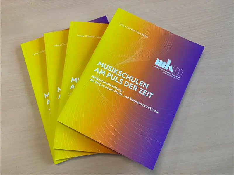 Vier Bücher mit dem Titel „Musikschulen am Puls der Zeit“ in einem gelb-lila Farbverlauf, aufgefächert auf einem Tisch liegend.