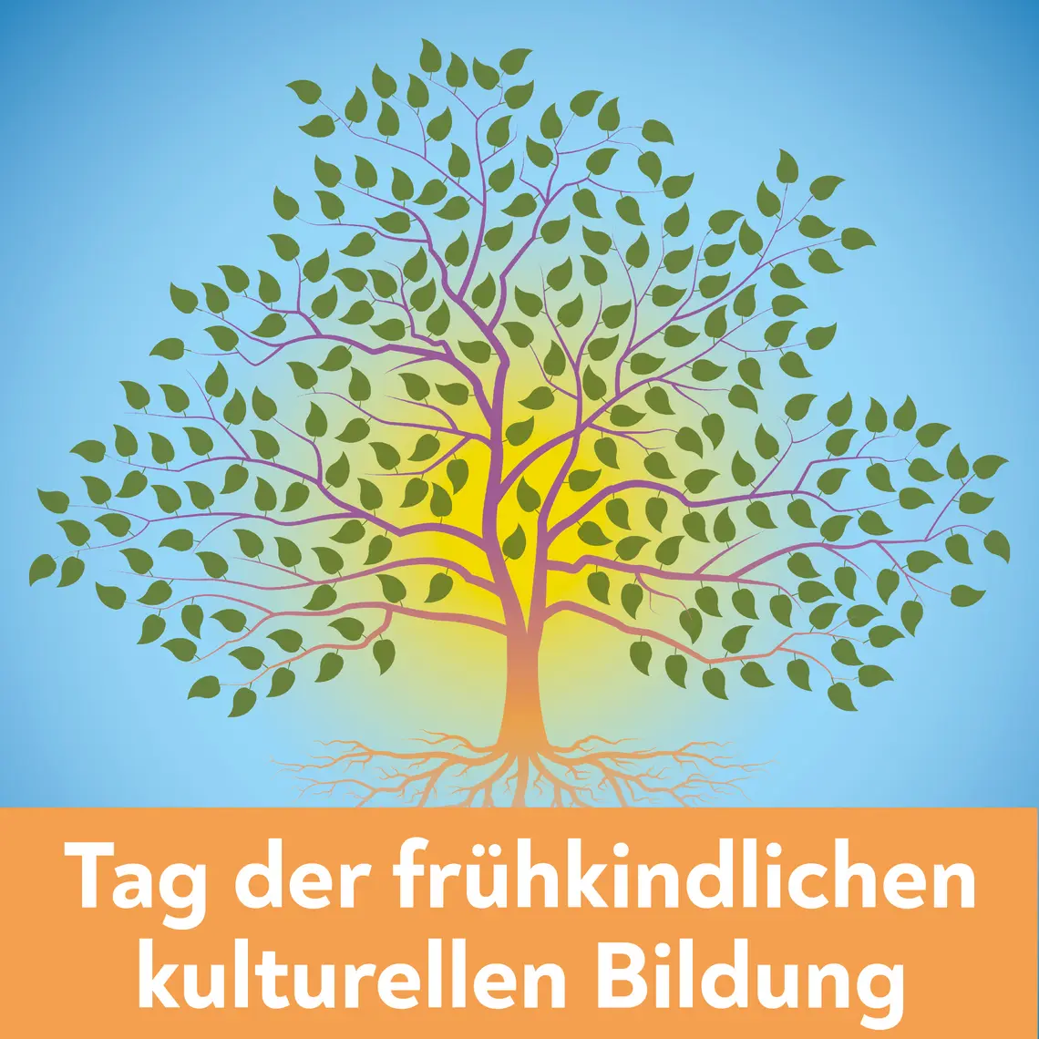 Ein digital gezeichneter Baum mit Wurzeln, darunter steht: "Tag der frühkindlichen kulturellen Bildung"